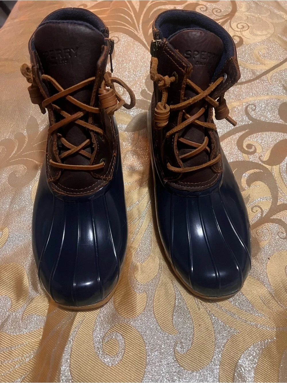 Sperry Salt Water Duck Boots Navy Brown Size 7 W